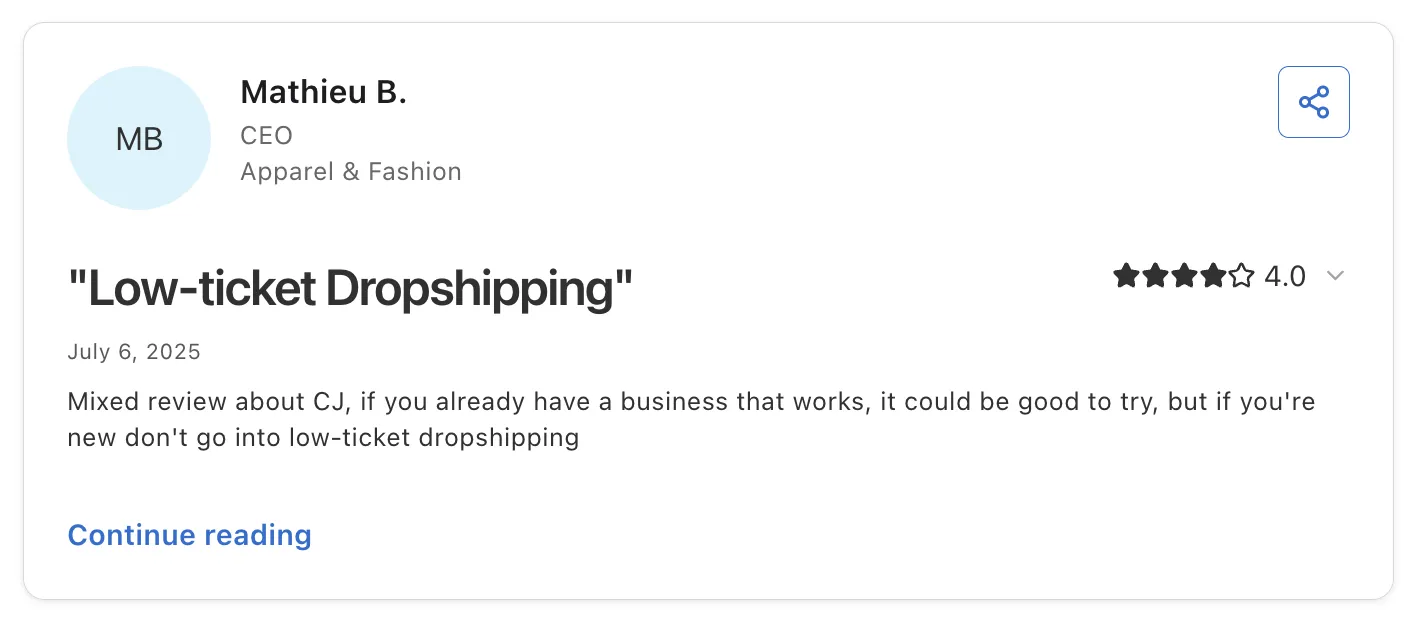 Four-star customer review of CJ titled 'Low-ticket Dropshipping' from a CEO in Apparel & Fashion, advising new sellers to avoid low-ticket dropshipping.