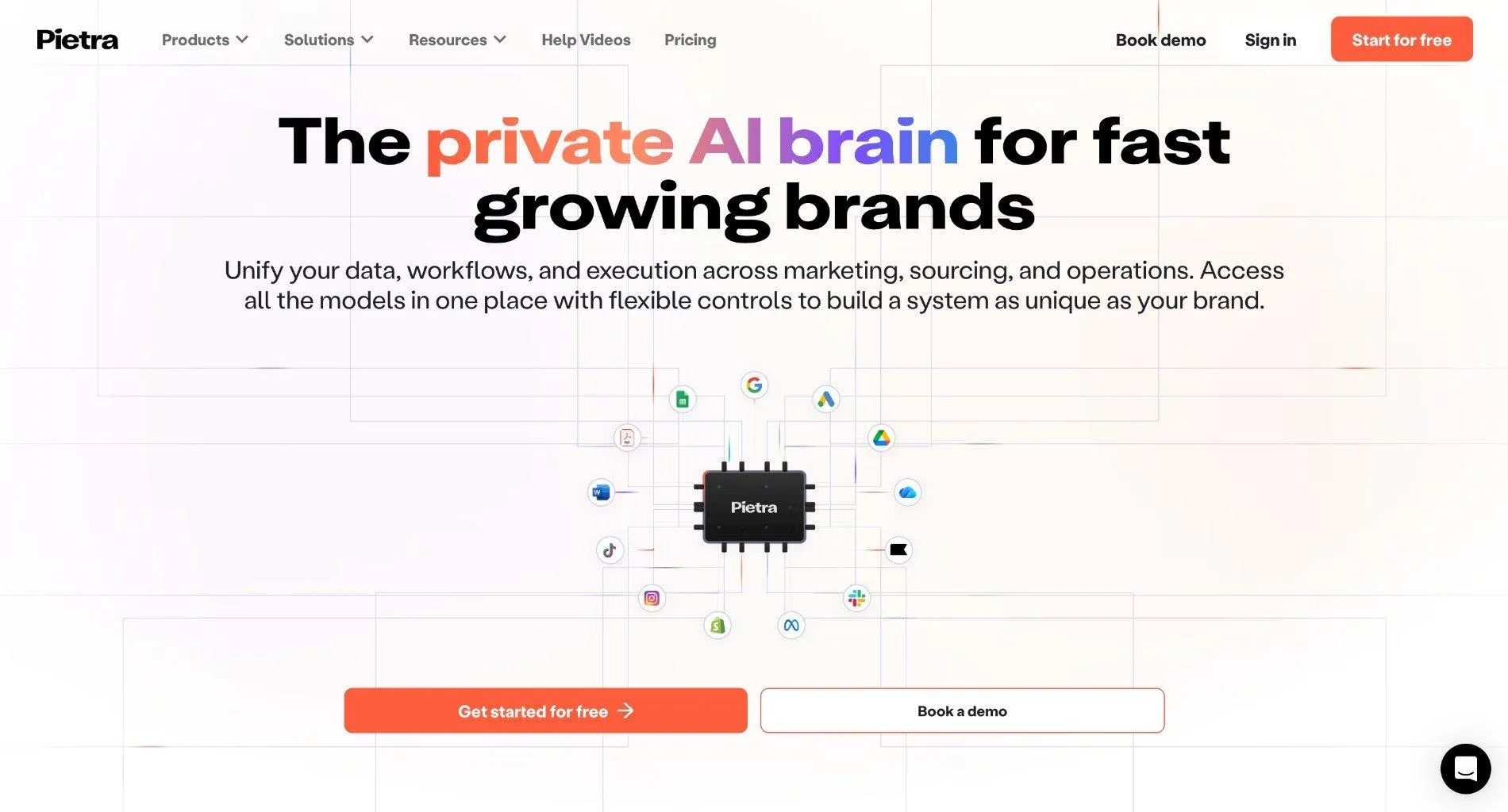 Pietra homepage with the headline 'The private AI brain for fast growing brands' and a Pietra chip connected to app icons such as Shopify and Google.