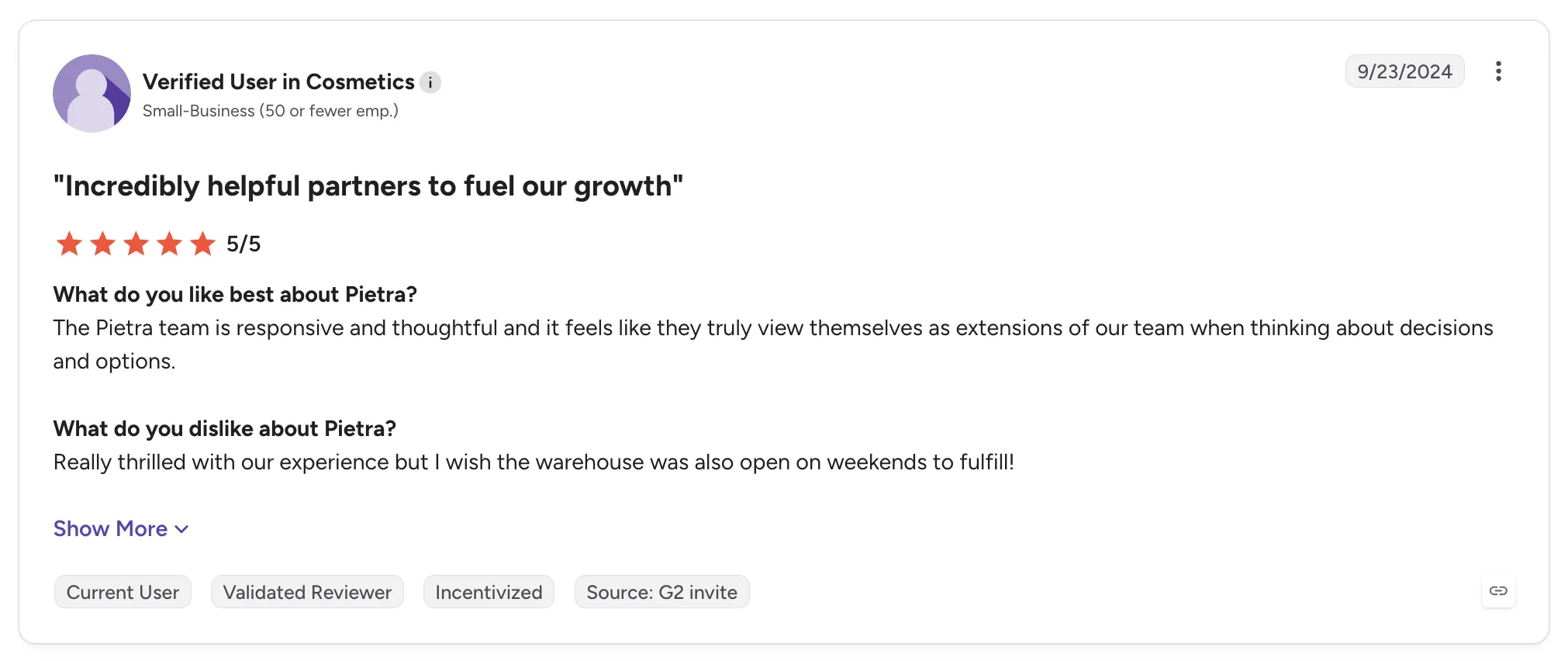 Five-star customer review of Pietra on G2 titled 'Incredibly helpful partners to fuel our growth', praising a responsive team and wishing for weekend fulfillment.