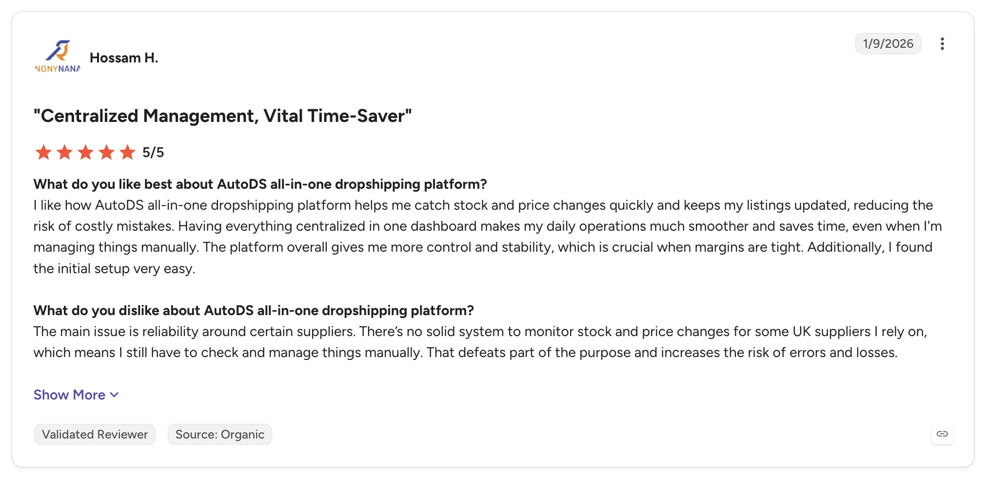 Five-star customer review of AutoDS titled 'Centralized Management, Vital Time-Saver', praising stock and price monitoring but noting gaps for some UK suppliers.