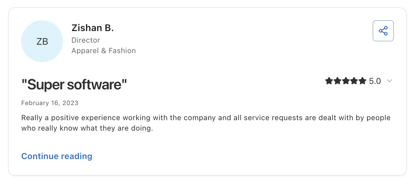 Five-star customer review titled 'Super software' from a director in Apparel & Fashion, praising a positive experience and knowledgeable service staff.
