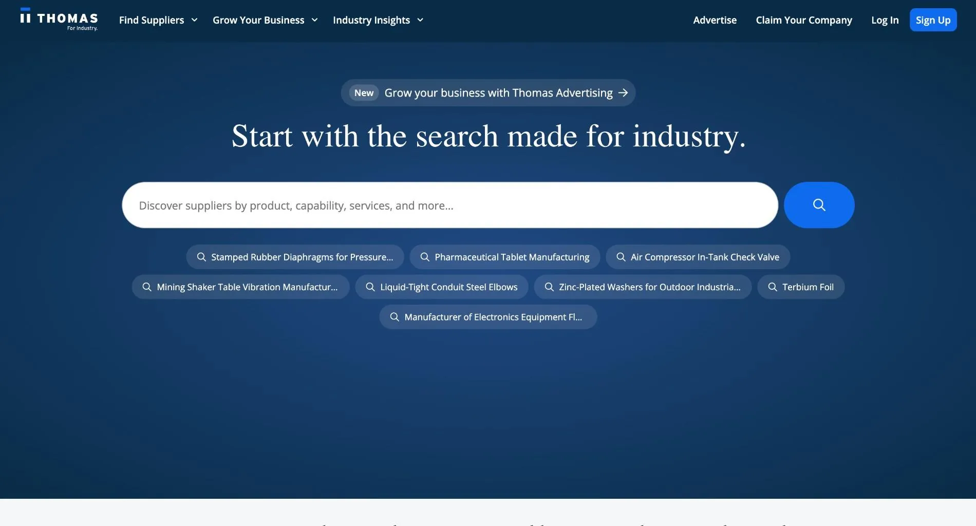 Thomasnet homepage with the headline 'Start with the search made for industry.', a supplier search bar, and suggested industrial searches.