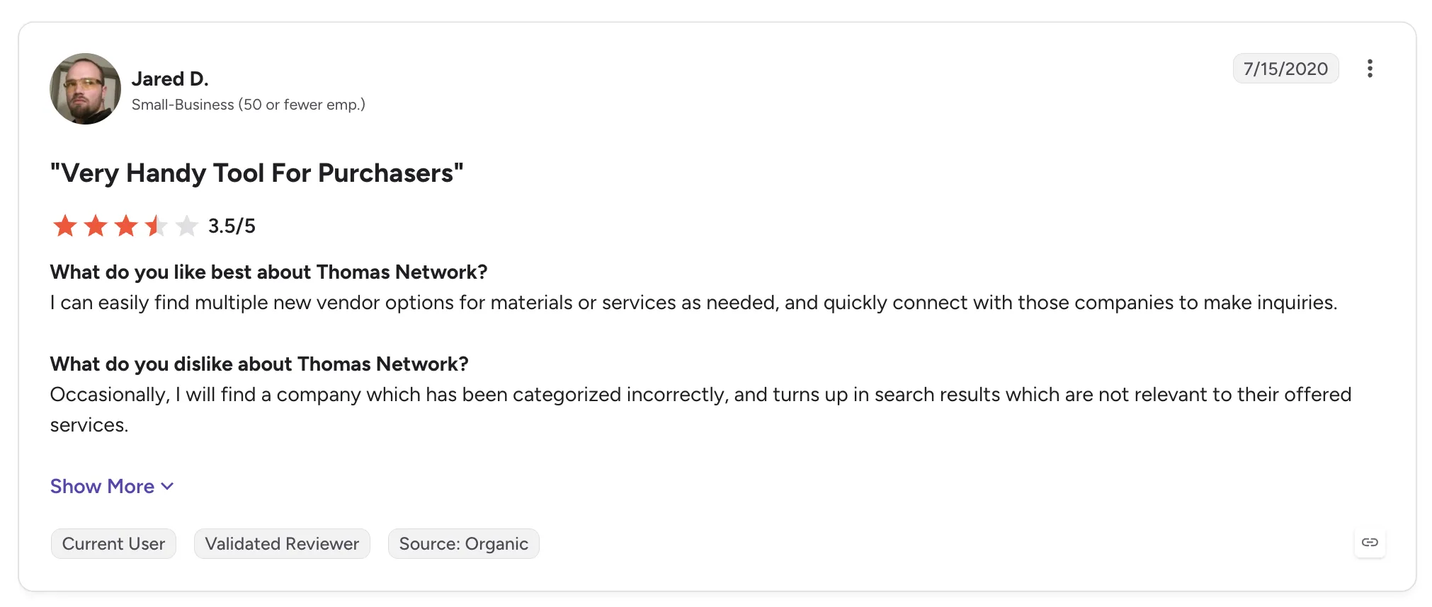 Customer review of Thomas Network rated 3.5 out of 5, titled 'Very Handy Tool For Purchasers', praising easy vendor discovery but noting miscategorized companies.