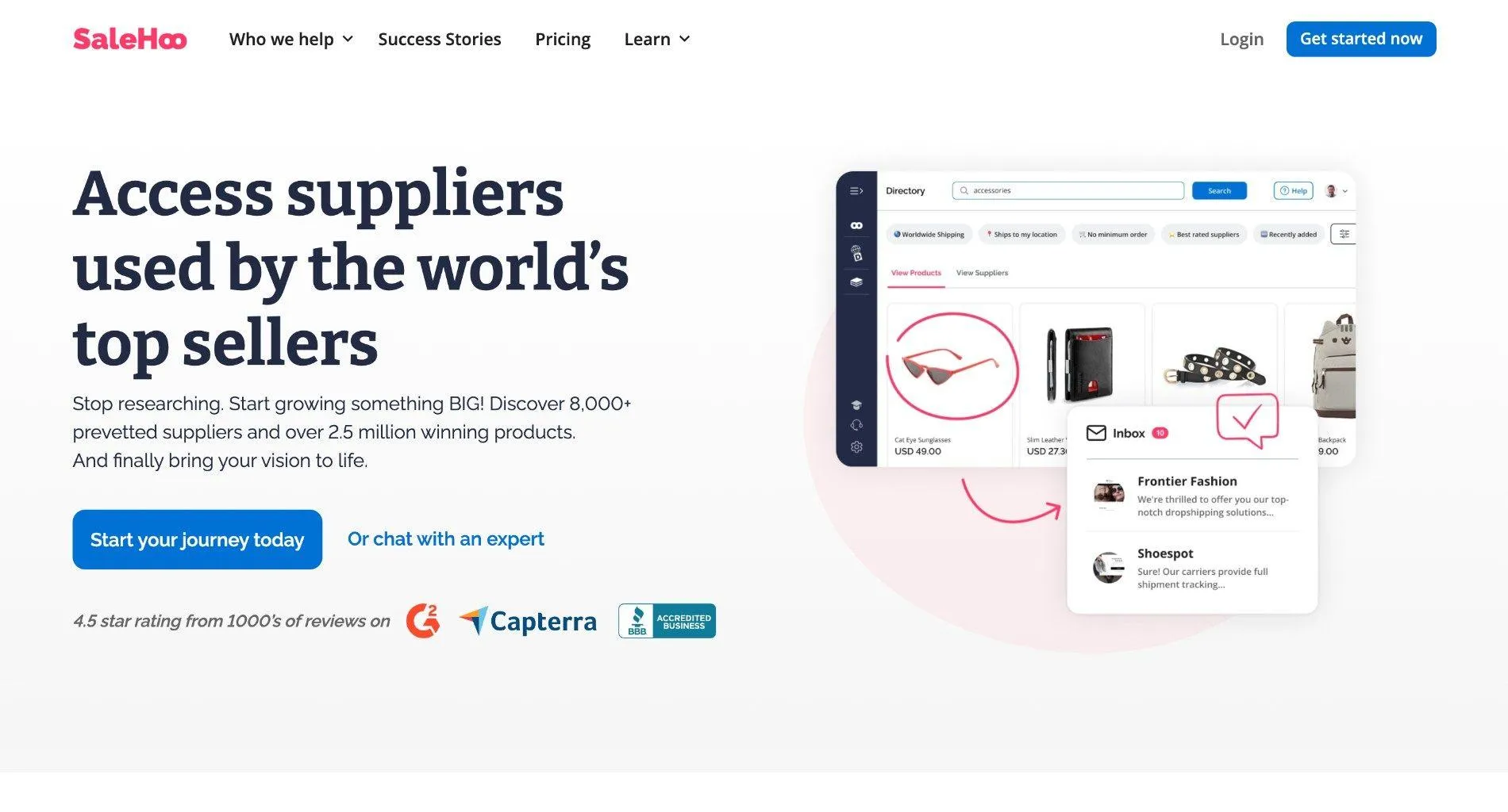 SaleHoo homepage with the headline 'Access suppliers used by the world's top sellers', a supplier directory preview, and ratings from G2, Capterra, and BBB.
