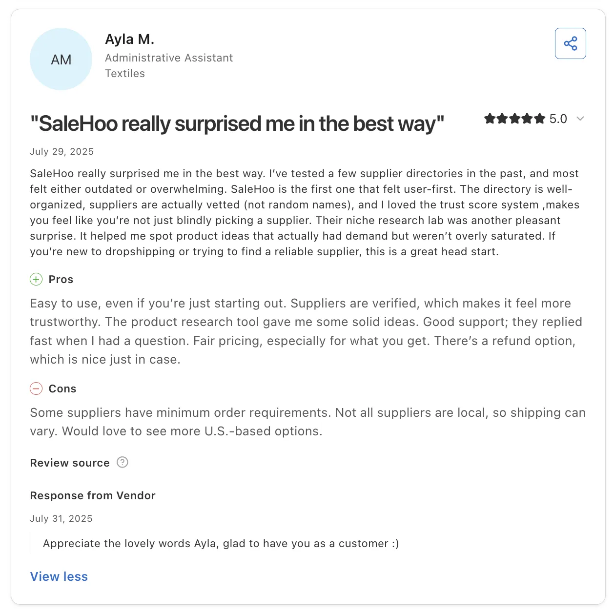 Five-star customer review of SaleHoo titled 'SaleHoo really surprised me in the best way', praising vetted suppliers and easy use, with a vendor response.