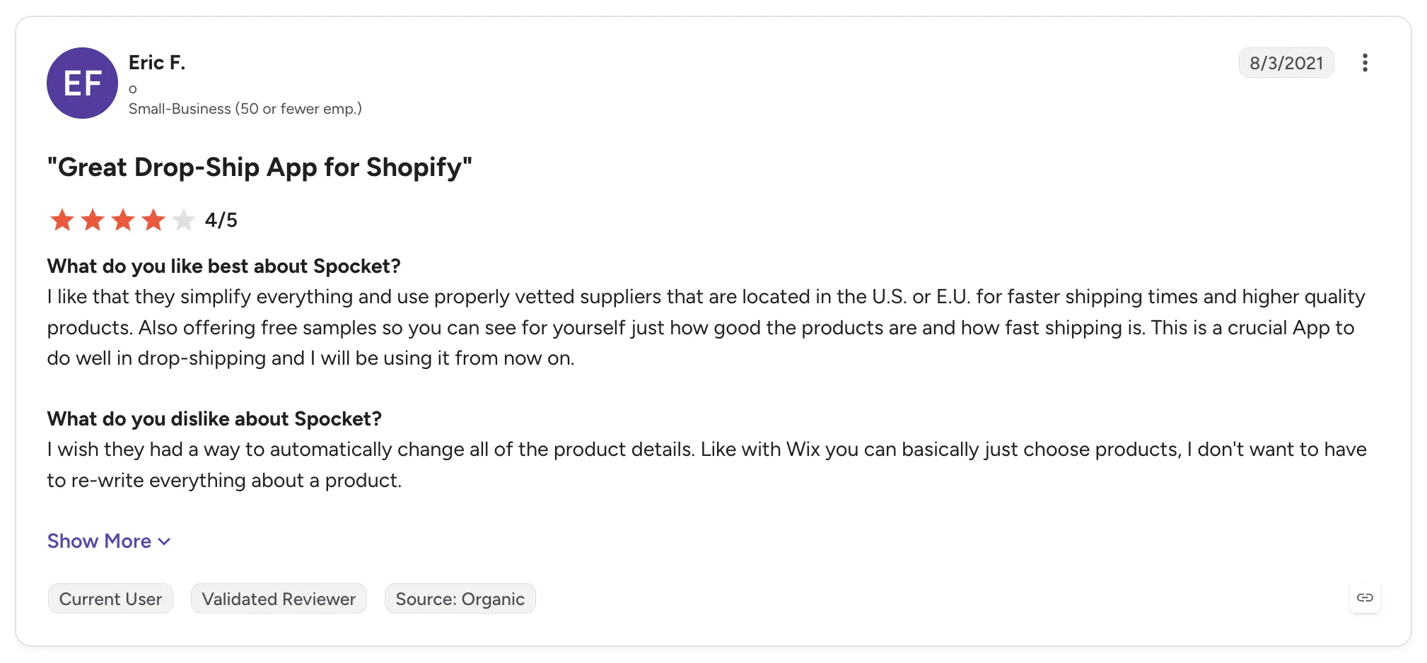 Customer review of Spocket rated 4 out of 5, titled 'Great Drop-Ship App for Shopify', praising vetted US and EU suppliers and free samples.