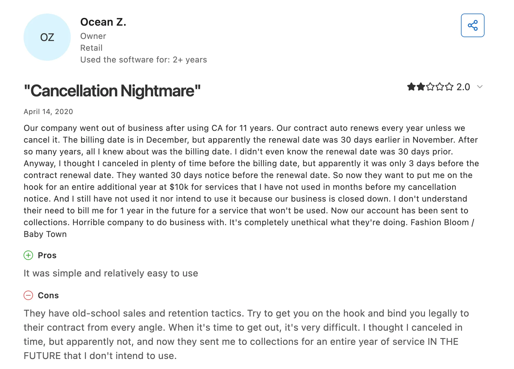 Two-star user review titled Cancellation Nightmare about an auto-renewed contract sent to collections