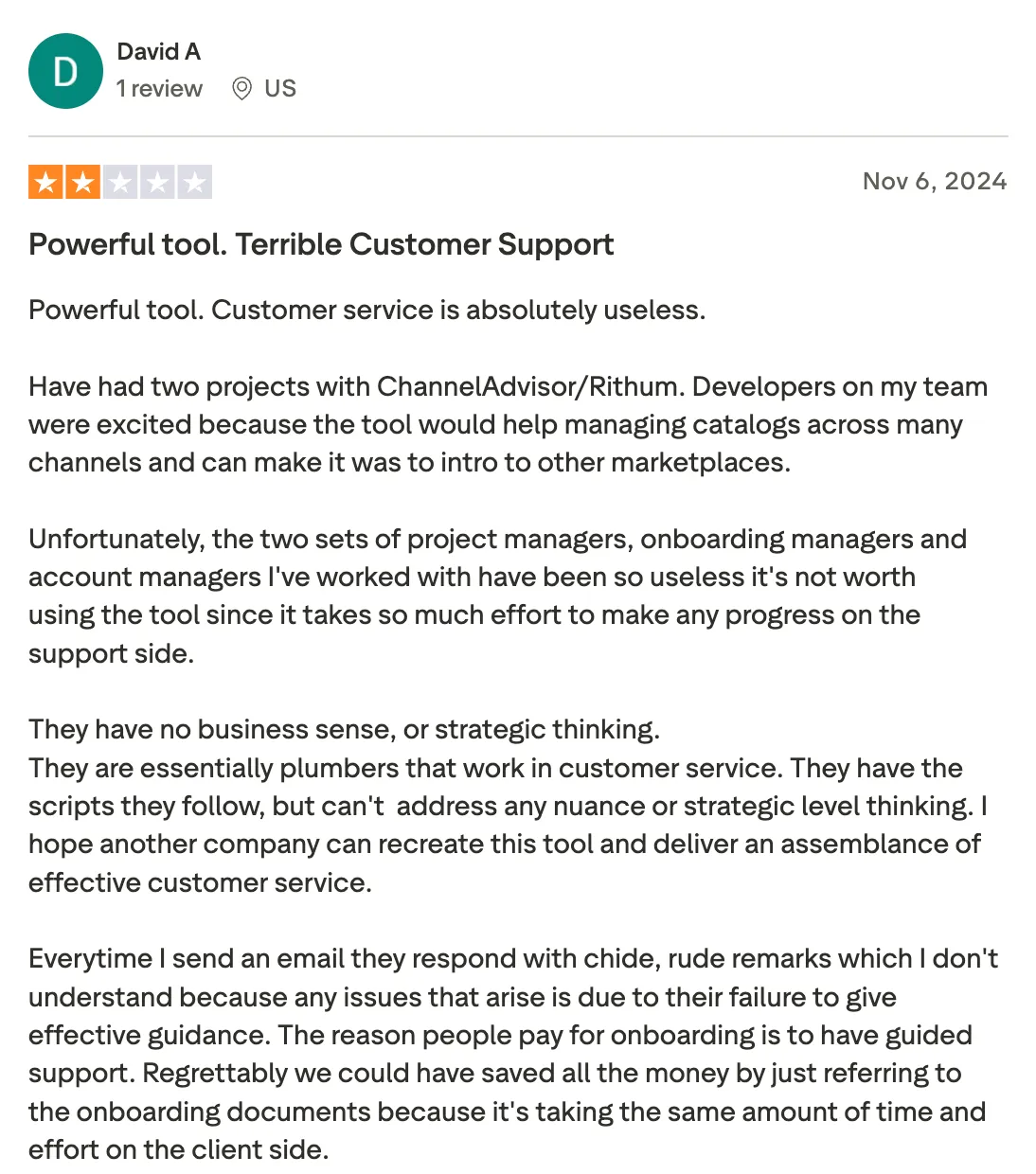 Two-star user review titled Powerful tool, terrible customer support, about ChannelAdvisor and Rithum onboarding