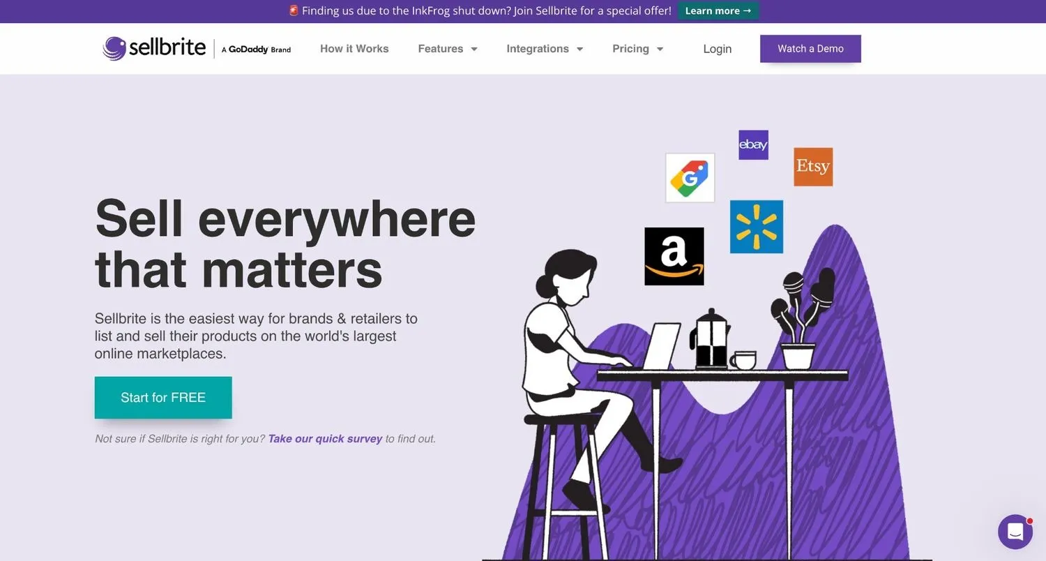 Sellbrite homepage illustration of a woman at a laptop surrounded by marketplace logos