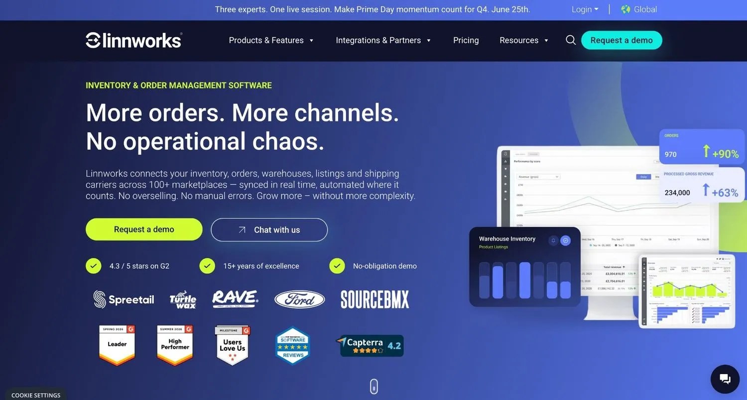 Linnworks homepage with order, revenue, and warehouse inventory dashboards on a desktop and tablet