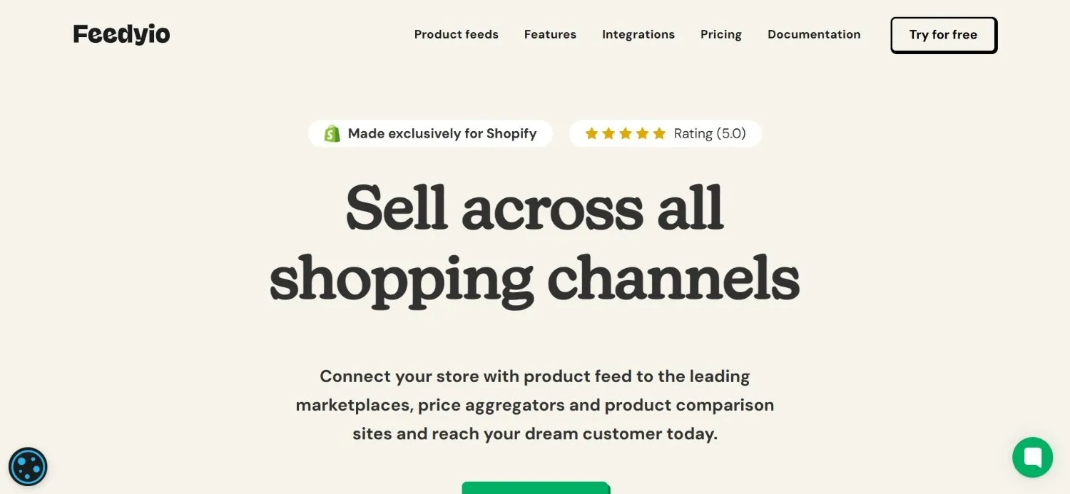 Feedyio homepage with a headline about selling across shopping channels