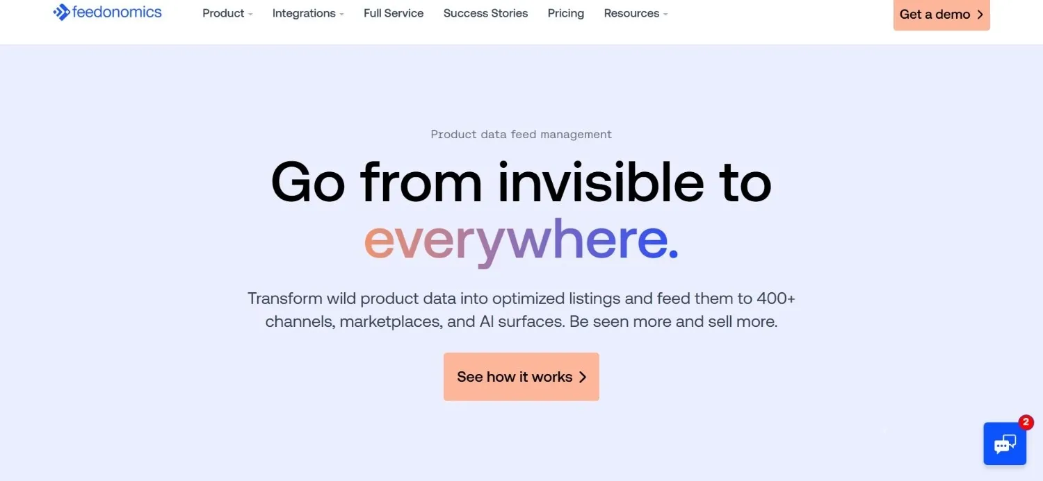 Feedonomics product data feed management page with a See how it works button