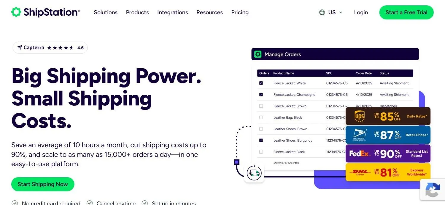 ShipStation homepage with a manage orders table and UPS, USPS, FedEx, and DHL rate cards