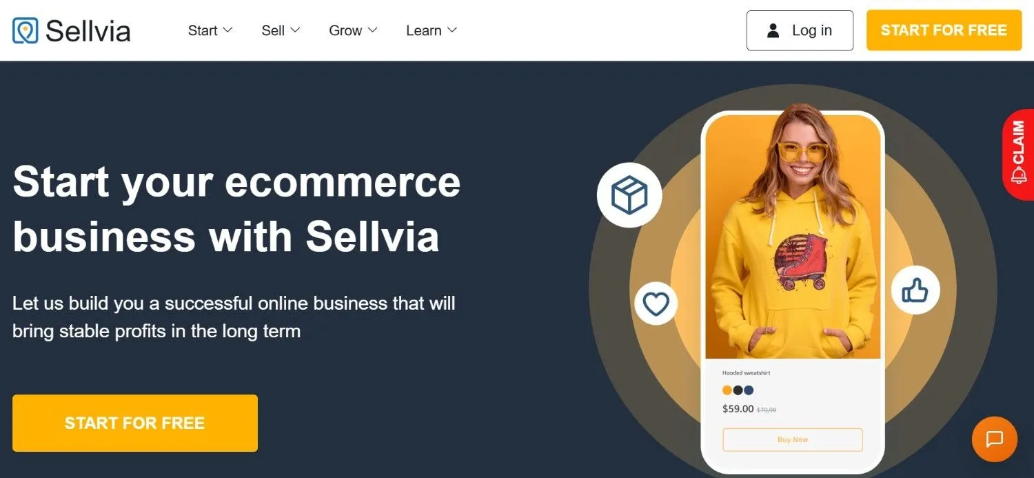 Sellvia homepage with a phone showing a model in a yellow hooded sweatshirt