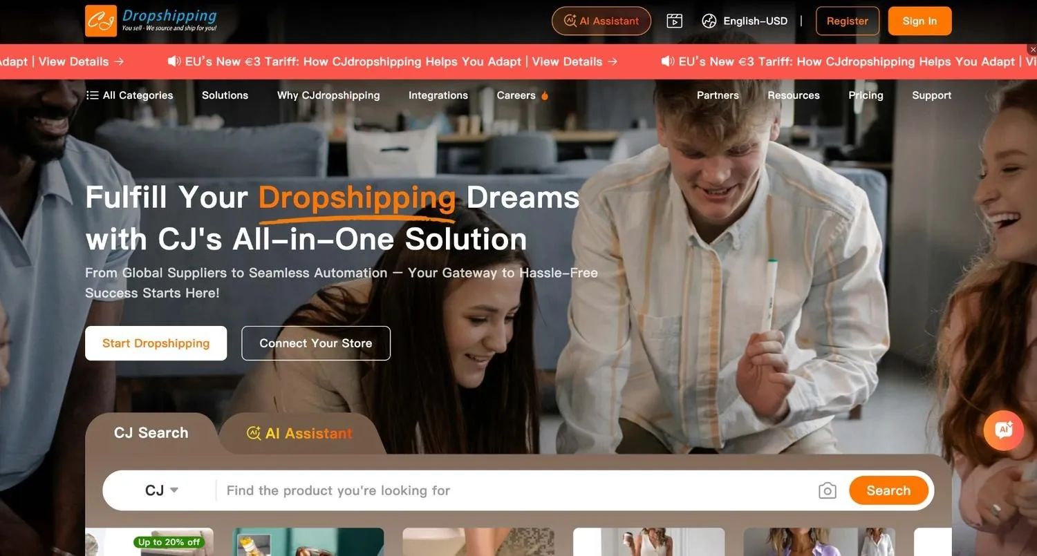 CJdropshipping homepage with a product search bar over a photo of young people laughing