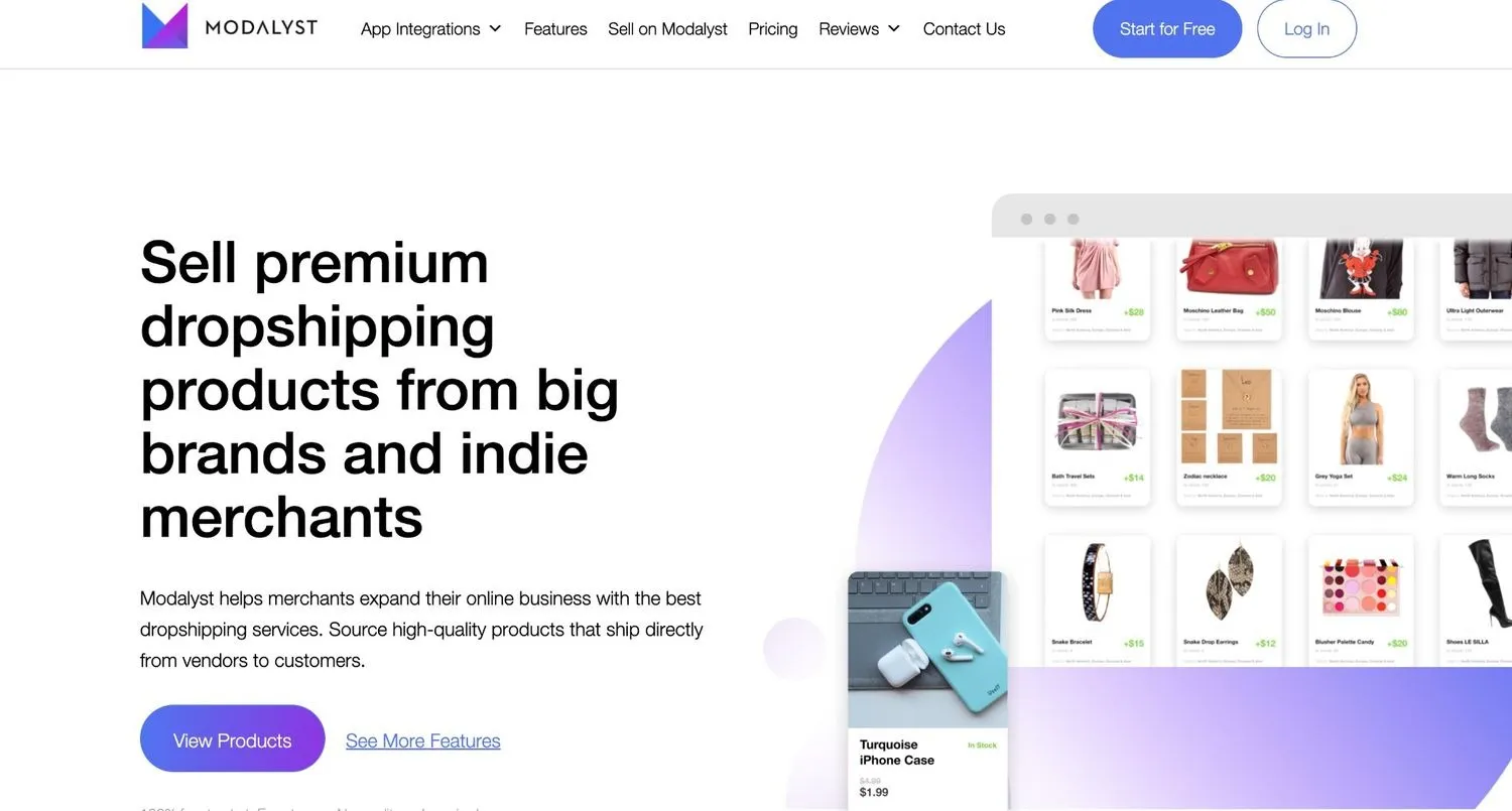 Modalyst homepage with a grid of fashion and accessory products and a turquoise phone case card