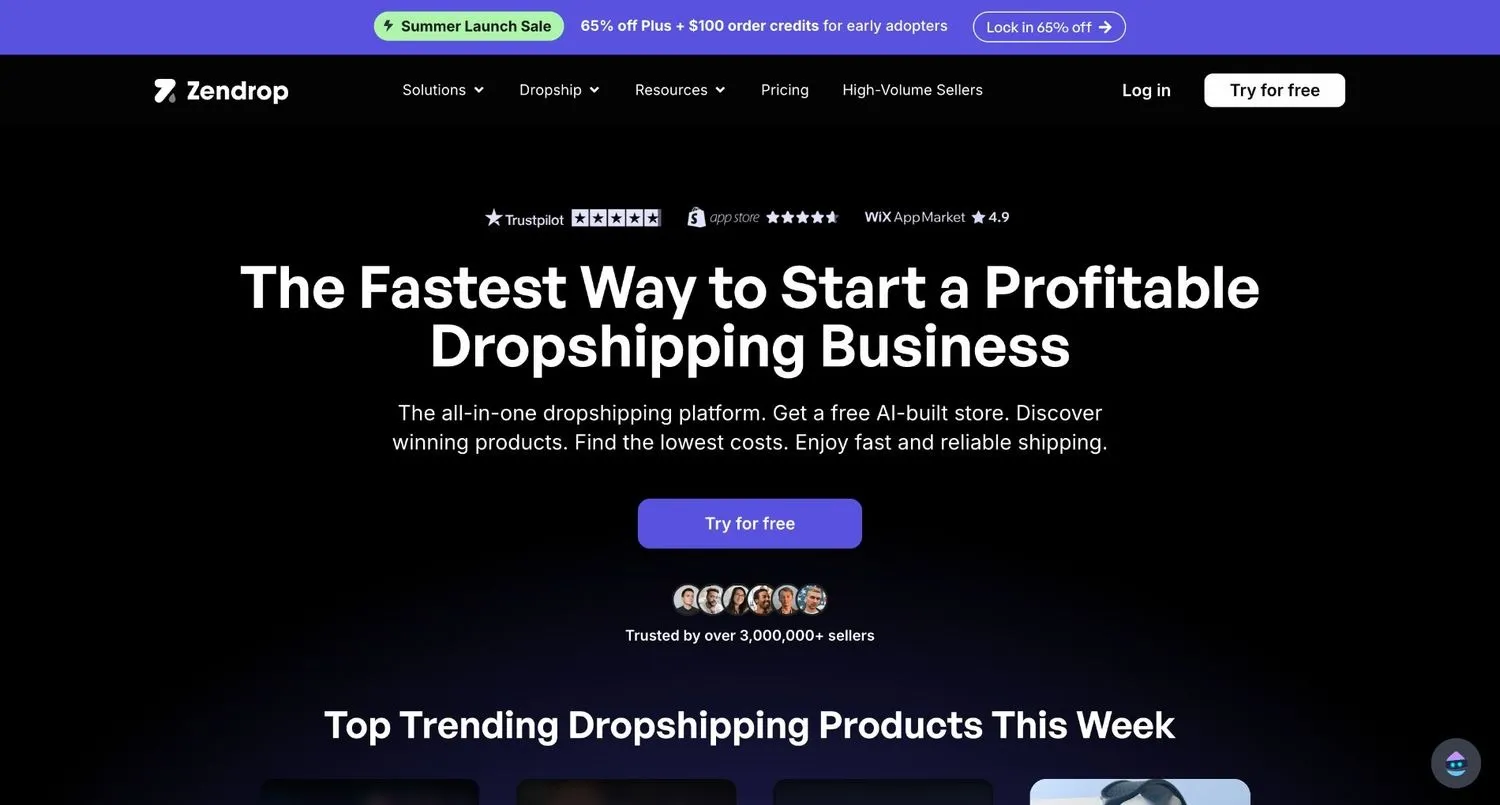 Zendrop homepage with a Try for free button on a black background