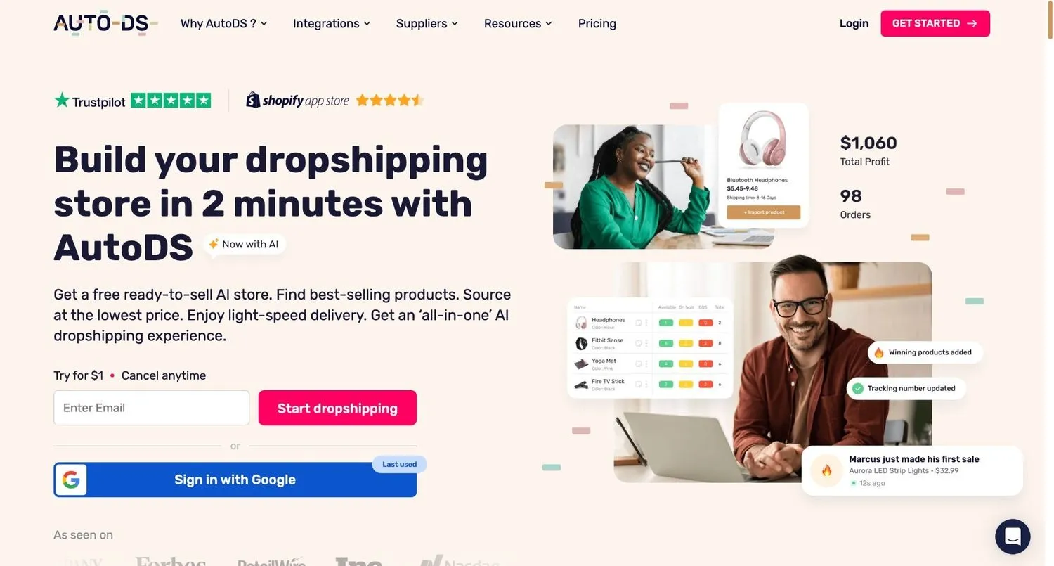 AutoDS homepage with an email signup form and photos of sellers beside product and order cards