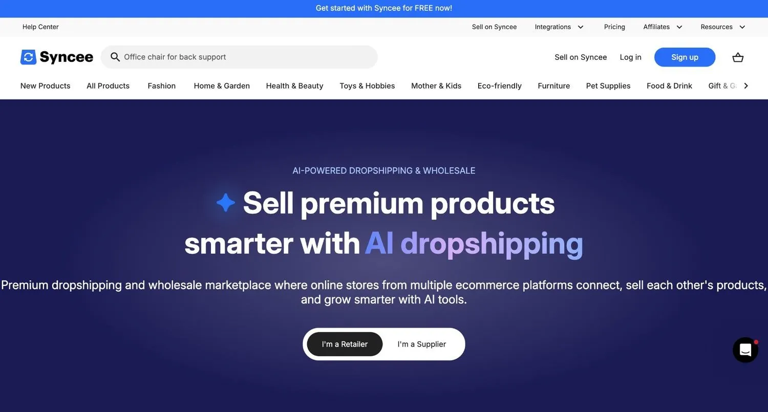 Syncee homepage with a product search bar, category menu, and retailer and supplier buttons