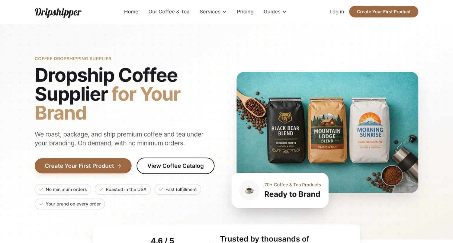 Dripshipper homepage showing three branded coffee bags on a teal background