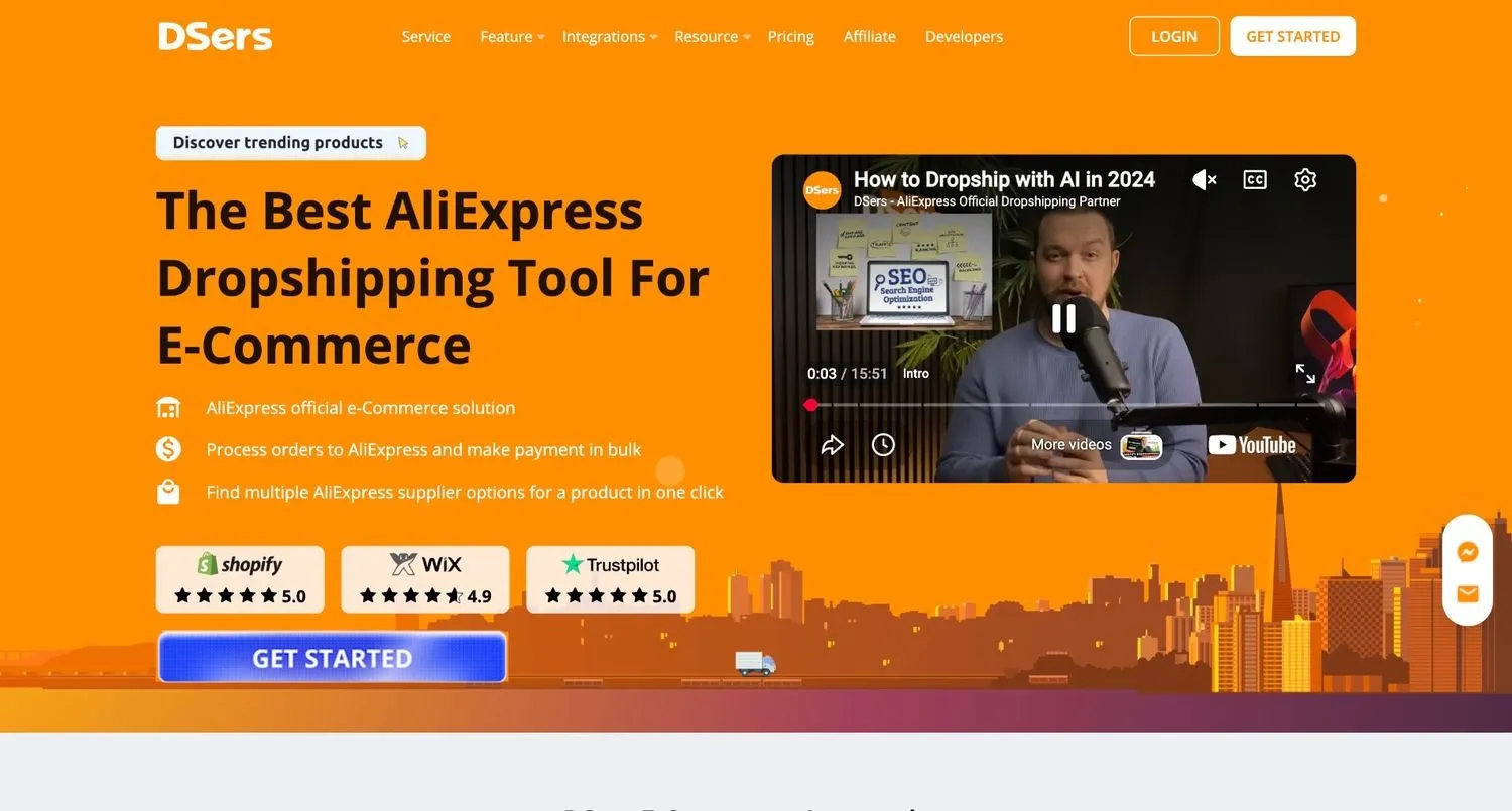 DSers homepage with an orange hero and an embedded YouTube video