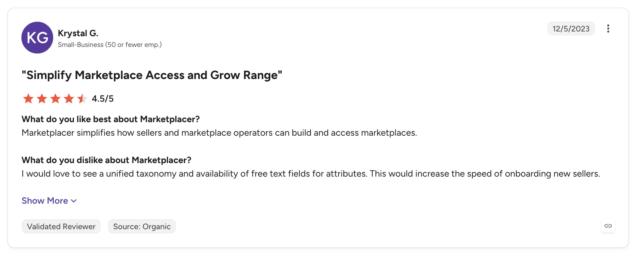 Customer review of Marketplacer from Krystal G., rated 4.5/5 and titled "Simplify Marketplace Access and Grow Range", asking for a unified taxonomy to onboard sellers faster.