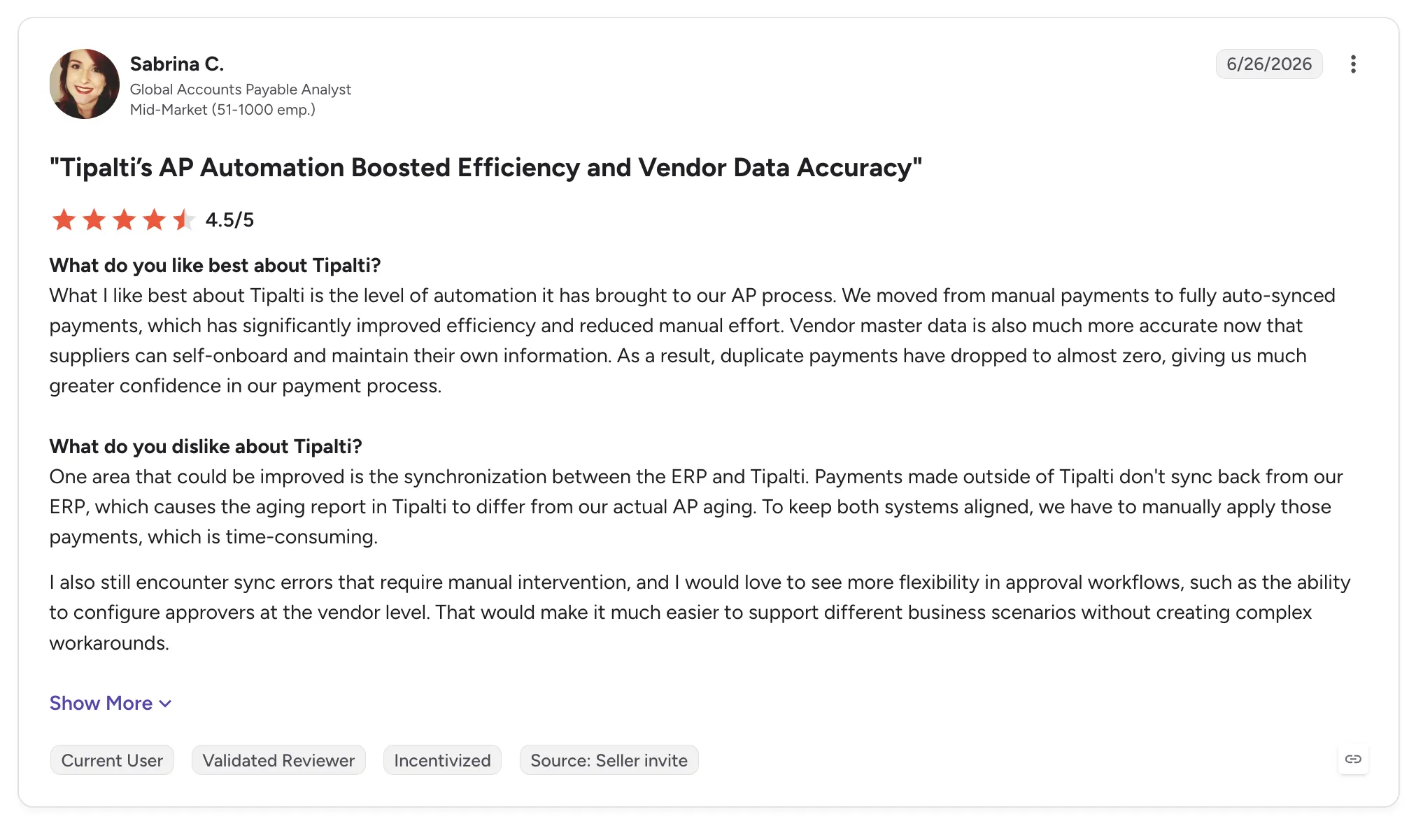 Customer review of Tipalti from Sabrina C., a global accounts payable analyst, rated 4.5/5 and titled "Tipalti's AP Automation Boosted Efficiency and Vendor Data Accuracy".