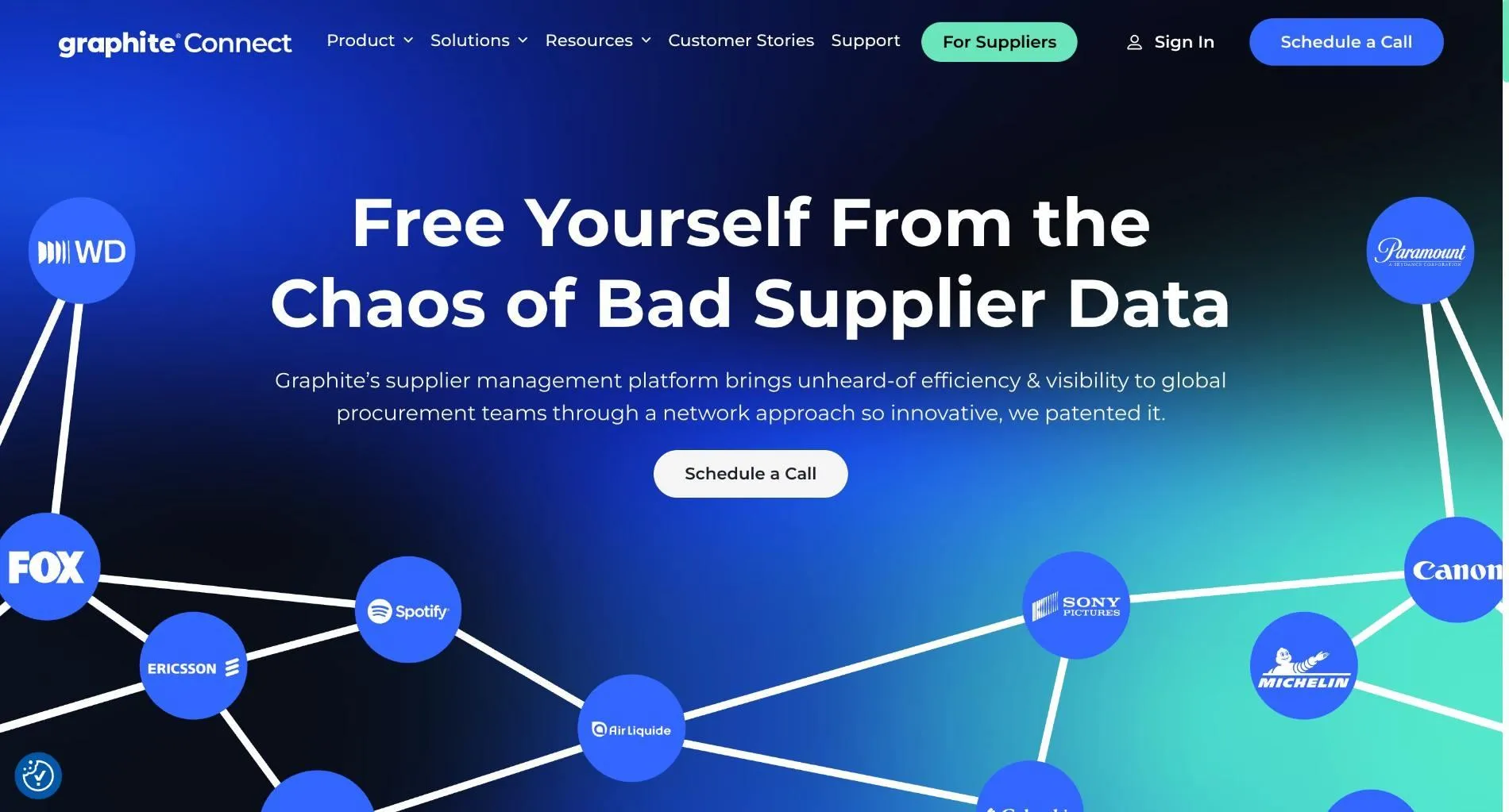 Graphite Connect homepage with the headline "Free Yourself From the Chaos of Bad Supplier Data" over a network of customer logos.