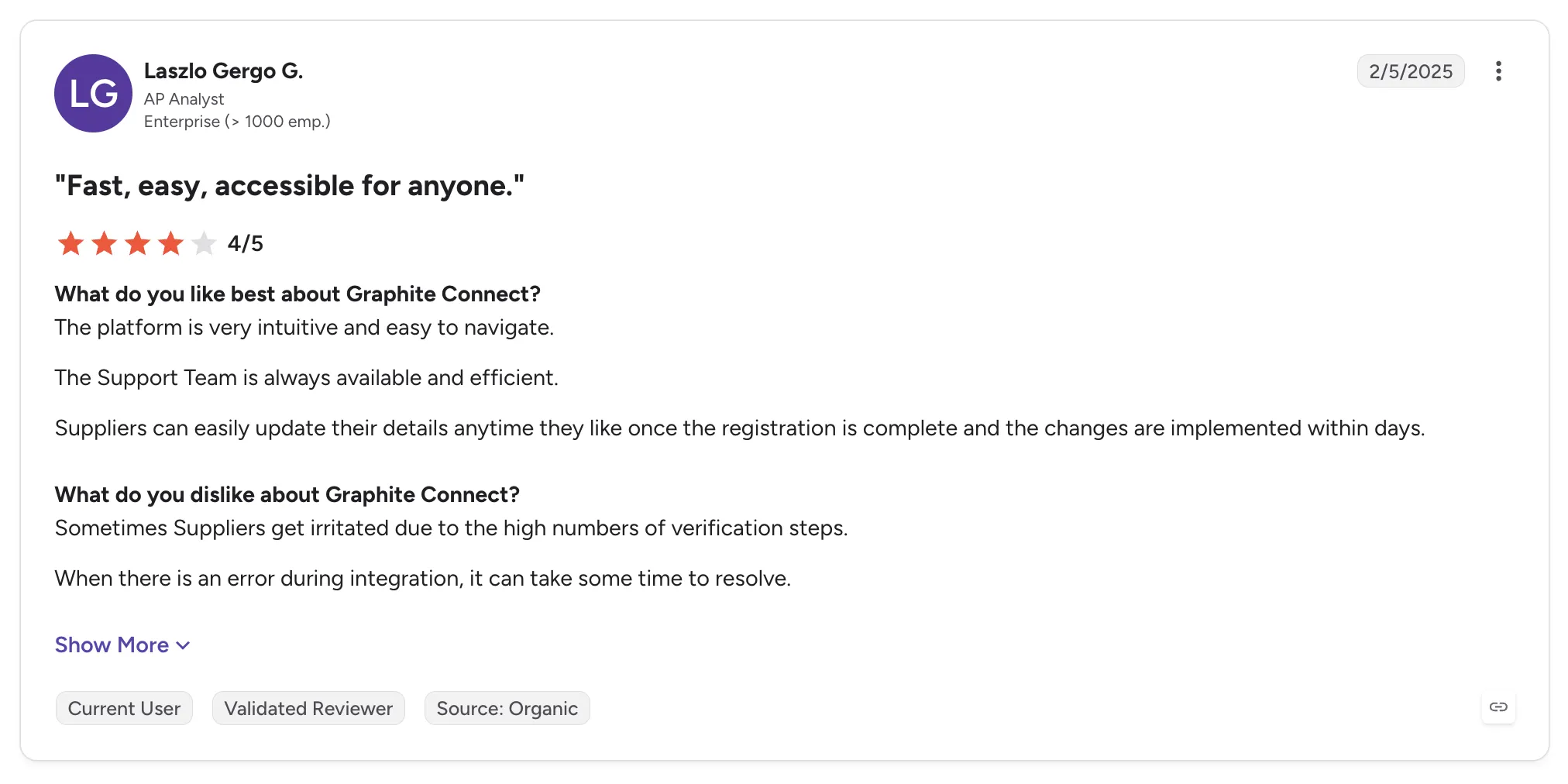 Customer review of Graphite Connect from Laszlo Gergo G., an AP analyst, rated 4/5 and titled "Fast, easy, accessible for anyone."