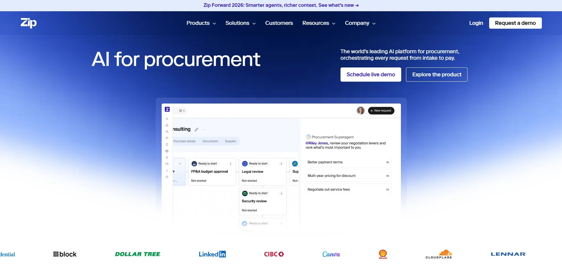 Zip homepage with the headline "AI for procurement" and a purchase request moving through budget, legal, and security reviews.
