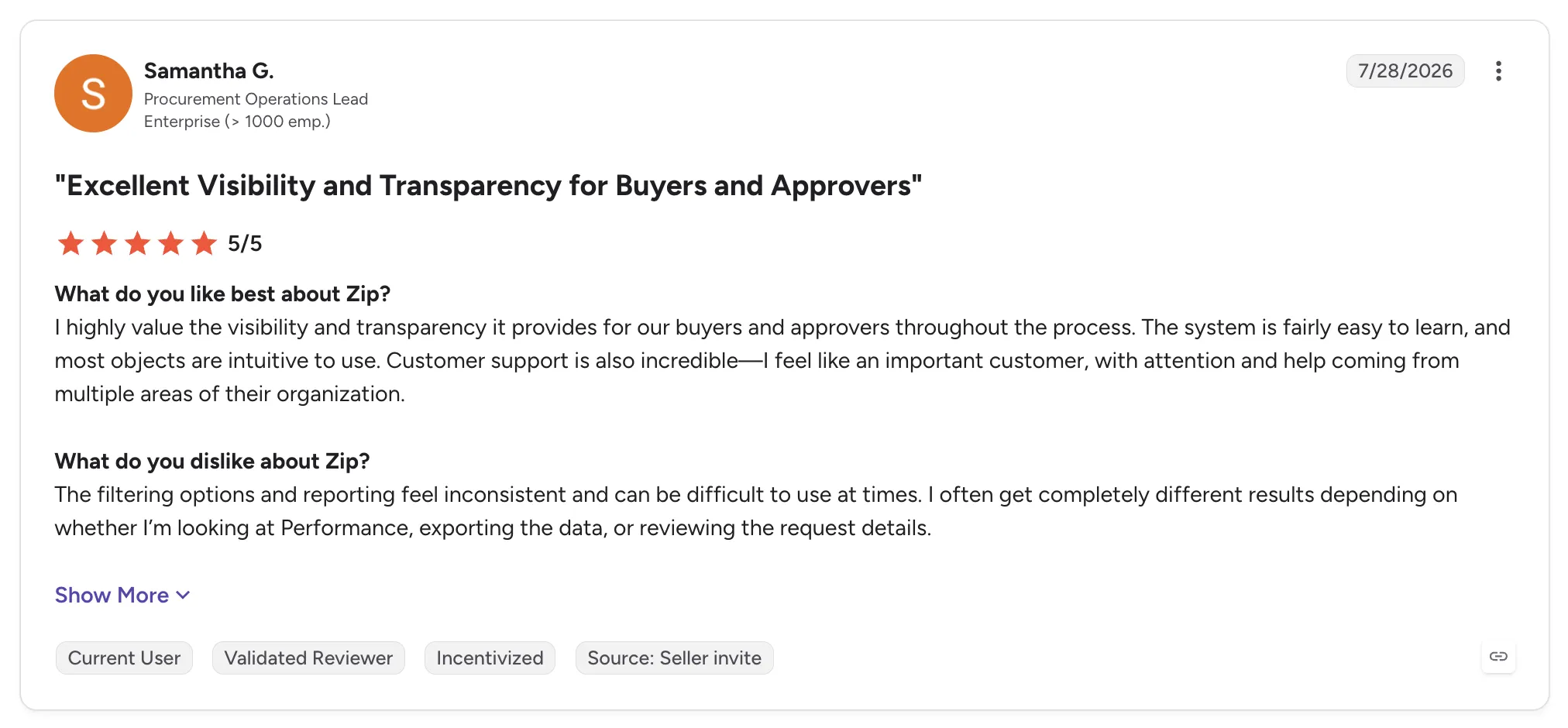 Customer review of Zip from Samantha G., a procurement operations lead, rated 5/5 and titled "Excellent Visibility and Transparency for Buyers and Approvers".
