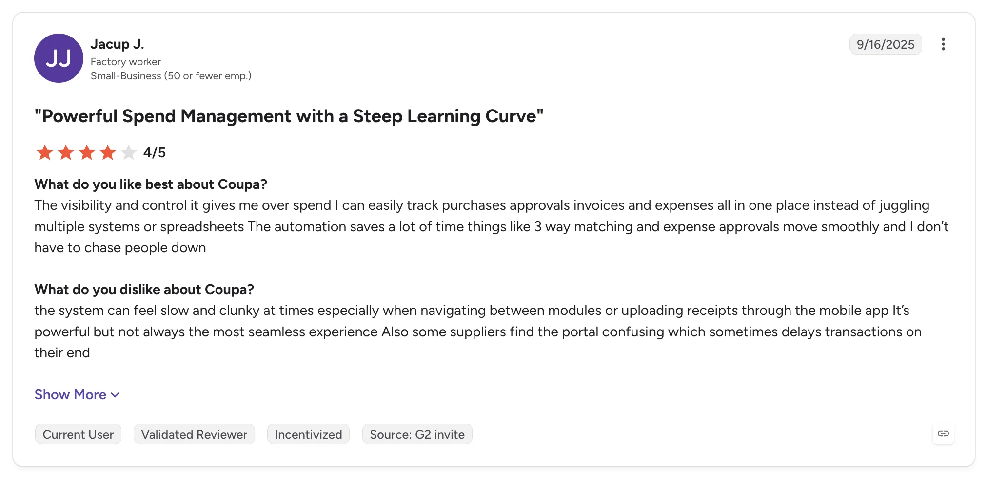 Customer review of Coupa from Jacup J., rated 4/5 and titled "Powerful Spend Management with a Steep Learning Curve".