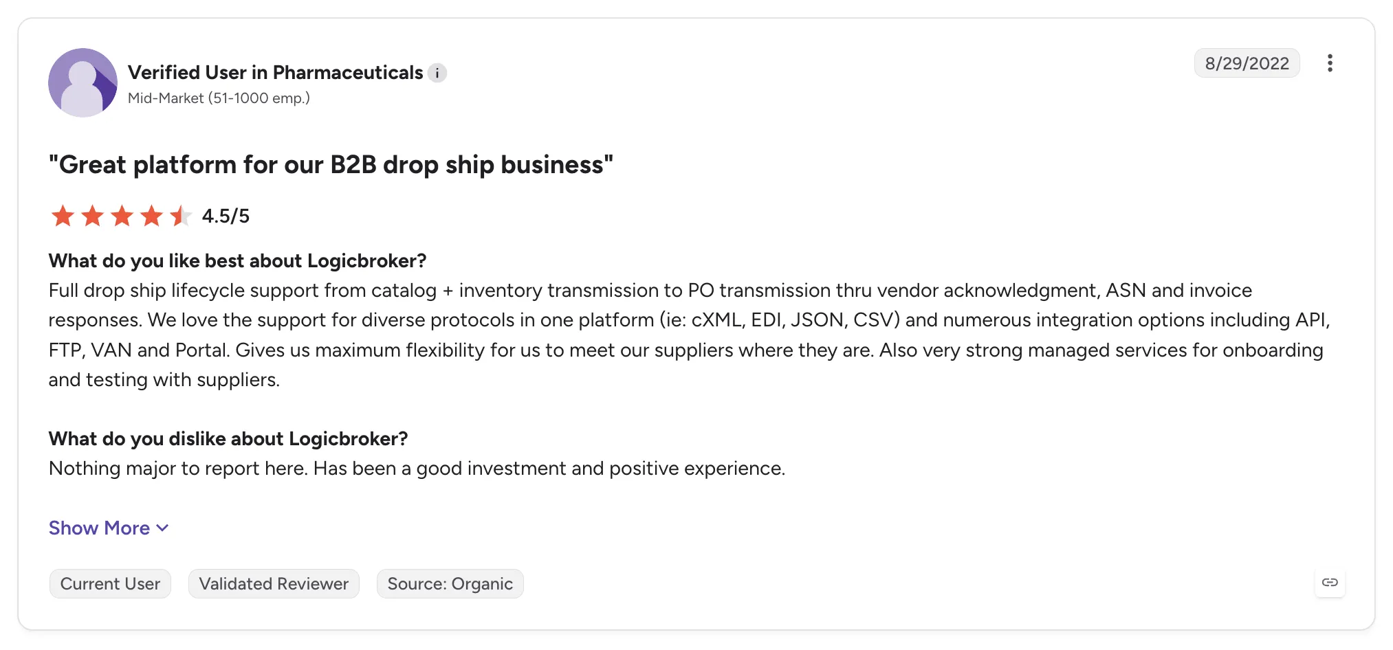 Customer review of Logicbroker from a verified user in pharmaceuticals, rated 4.5/5 and titled "Great platform for our B2B drop ship business", praising protocol support and managed supplier onboarding.