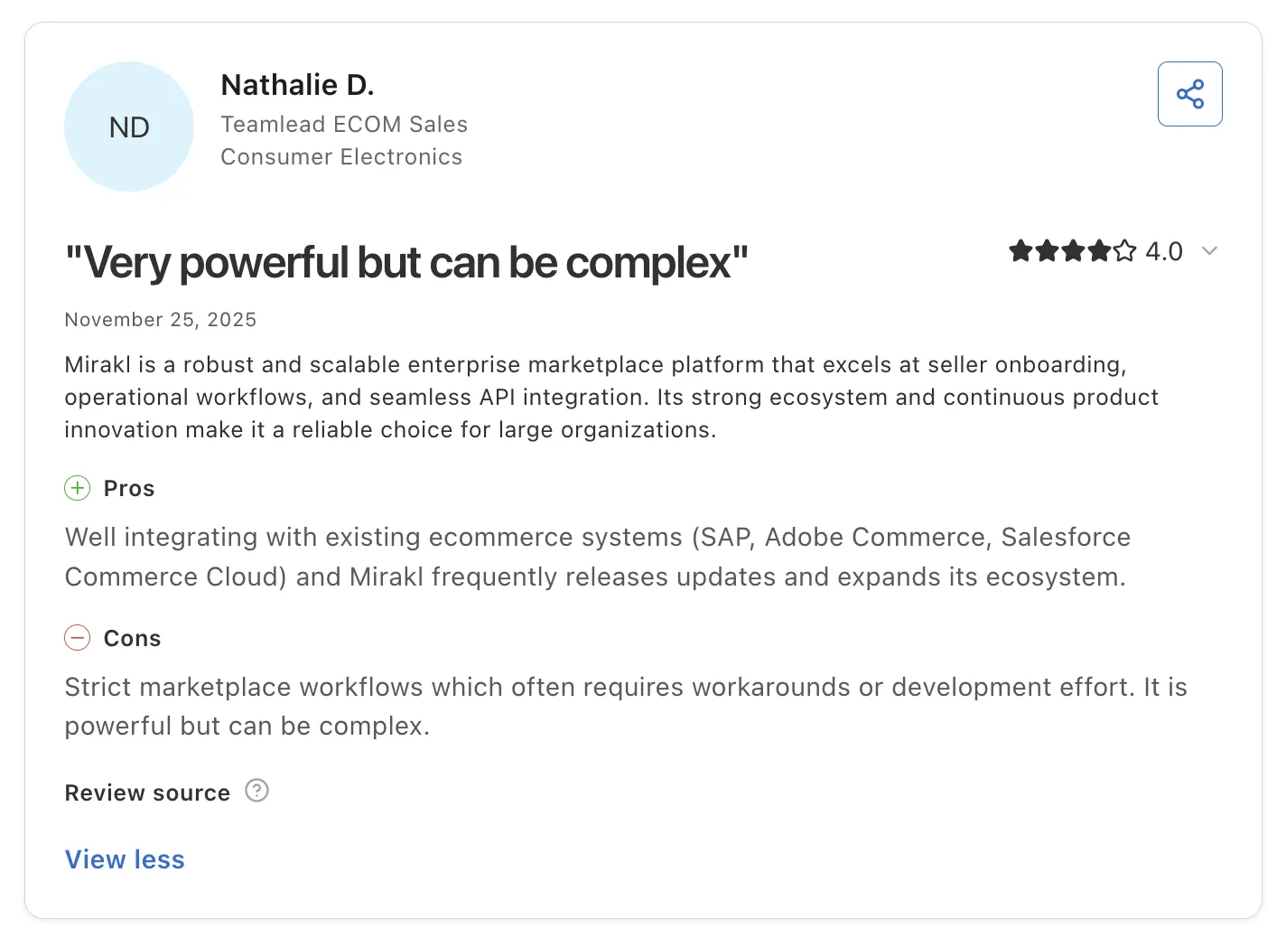 Customer review of Mirakl from Nathalie D., a team lead for ecommerce sales in consumer electronics, rated 4.0 and titled "Very powerful but can be complex".