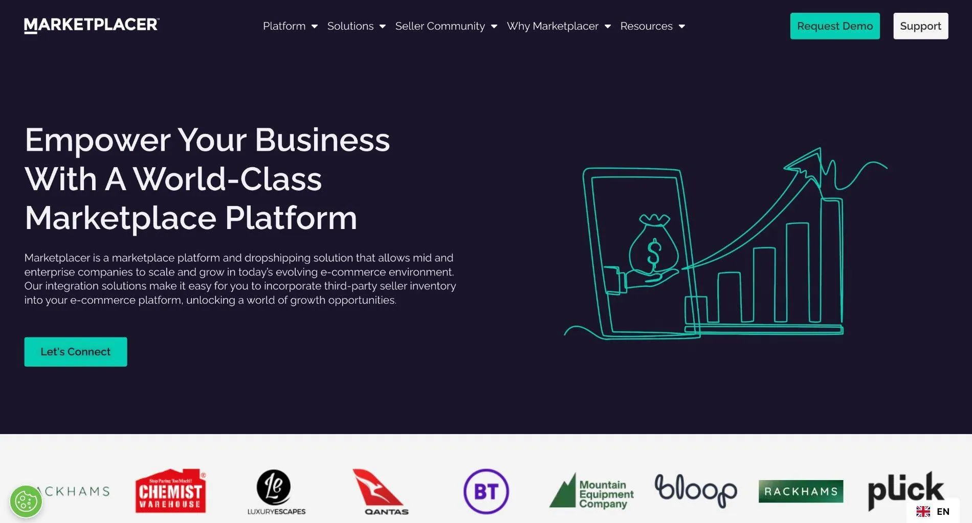 Marketplacer homepage with the headline "Empower Your Business With A World-Class Marketplace Platform" above a row of customer logos.
