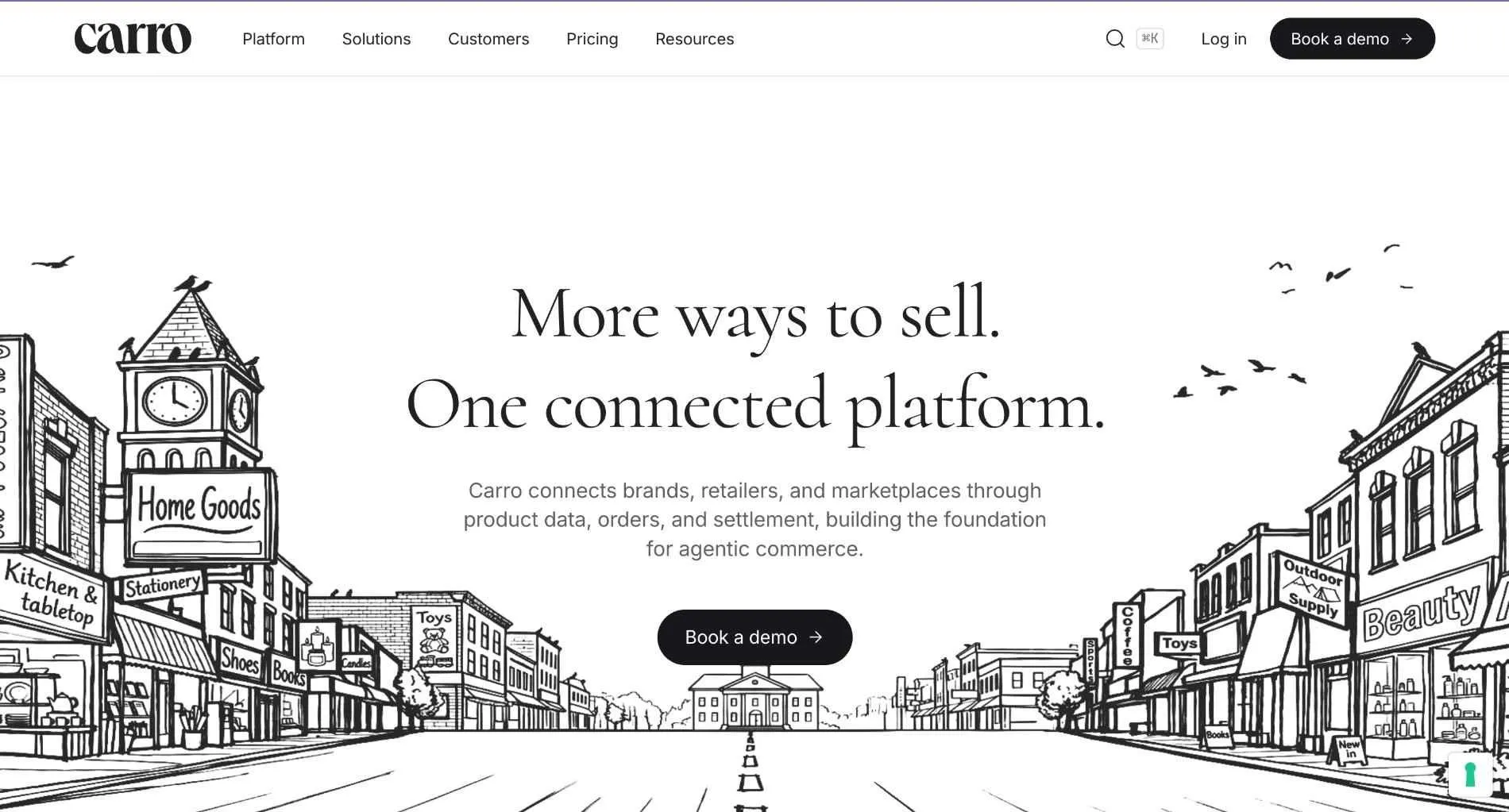 Carro homepage with the headline "More ways to sell. One connected platform." over a sketched main street of shops, and a Book a demo button.