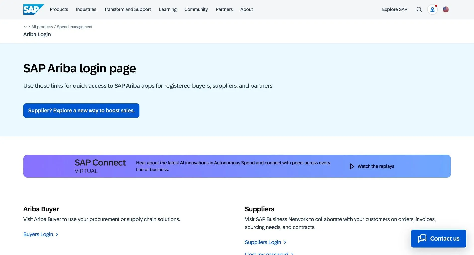 SAP Ariba login page with links for Ariba Buyer and for suppliers on the SAP Business Network.