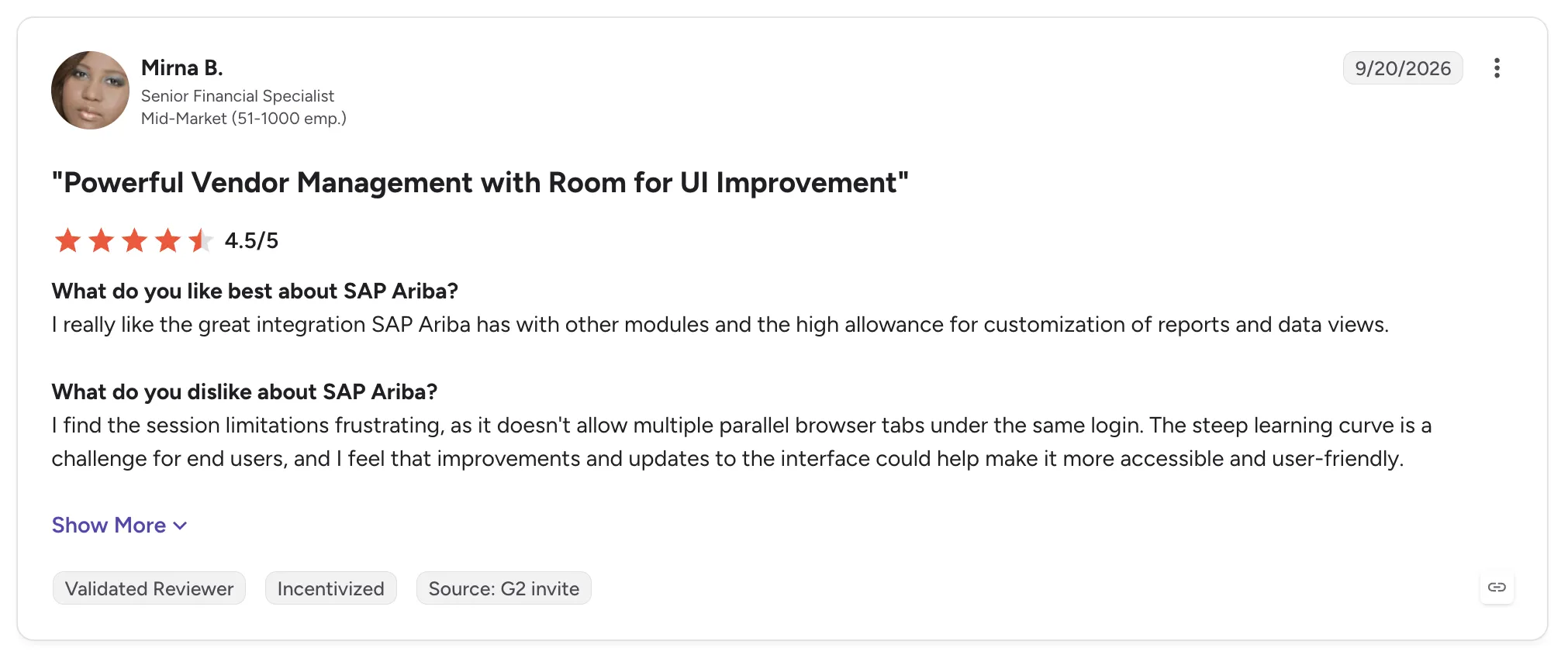 Customer review of SAP Ariba from Mirna B., a senior financial specialist, rated 4.5/5 and titled "Powerful Vendor Management with Room for UI Improvement".