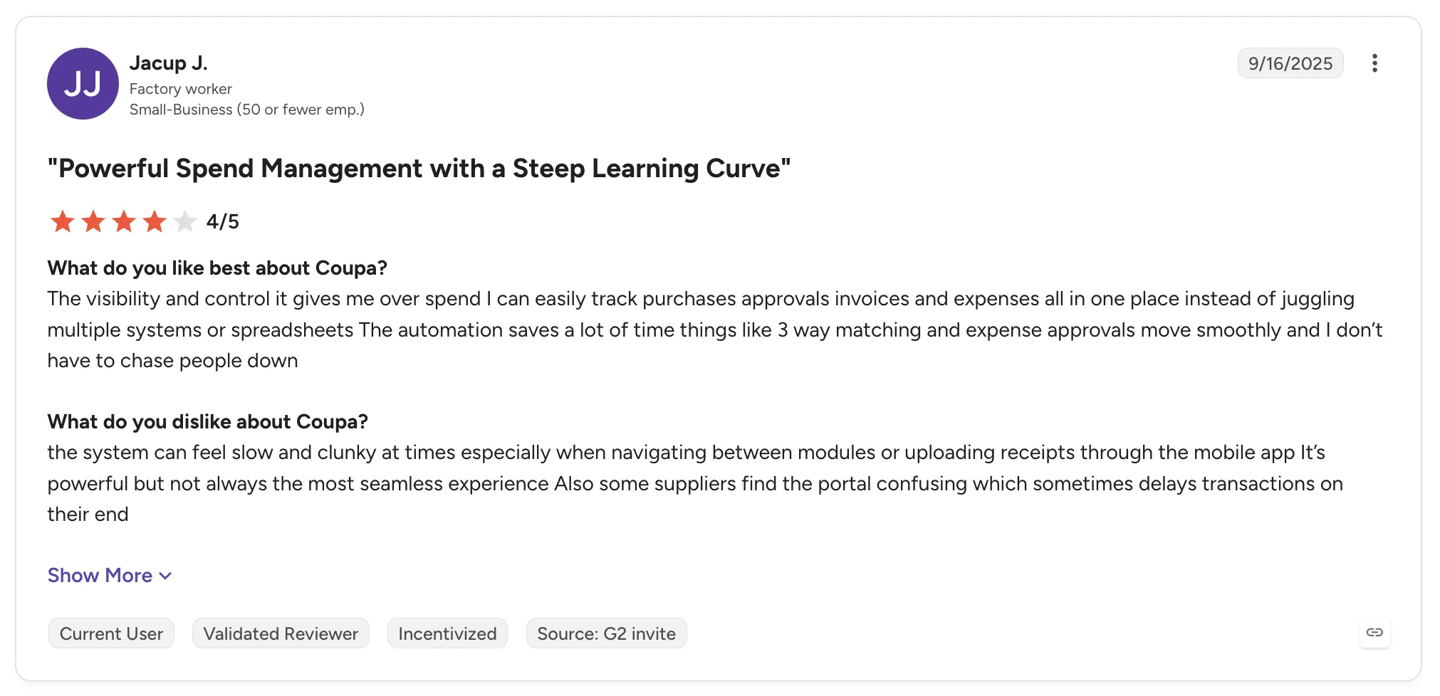 Customer review of Coupa from Jacup J., rated 4/5 and titled "Powerful Spend Management with a Steep Learning Curve".