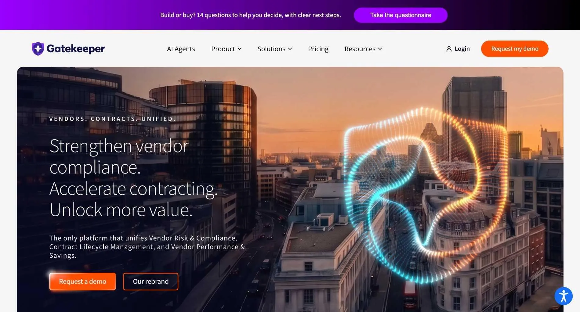 Gatekeeper homepage with the headline "Strengthen vendor compliance. Accelerate contracting. Unlock more value." over a city view.