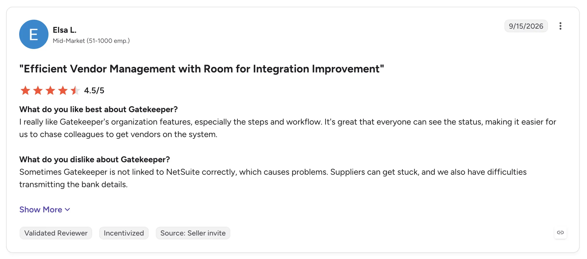 Customer review of Gatekeeper from Elsa L., rated 4.5/5 and titled "Efficient Vendor Management with Room for Integration Improvement".