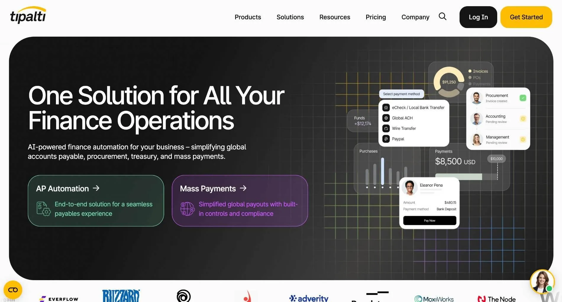 Tipalti homepage with the headline "One Solution for All Your Finance Operations" and links to AP Automation and Mass Payments.