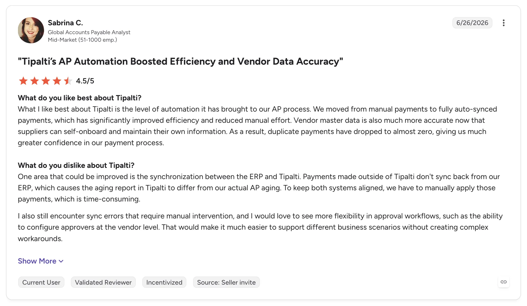 Customer review of Tipalti from Sabrina C., a global accounts payable analyst, rated 4.5/5 and titled "Tipalti's AP Automation Boosted Efficiency and Vendor Data Accuracy".