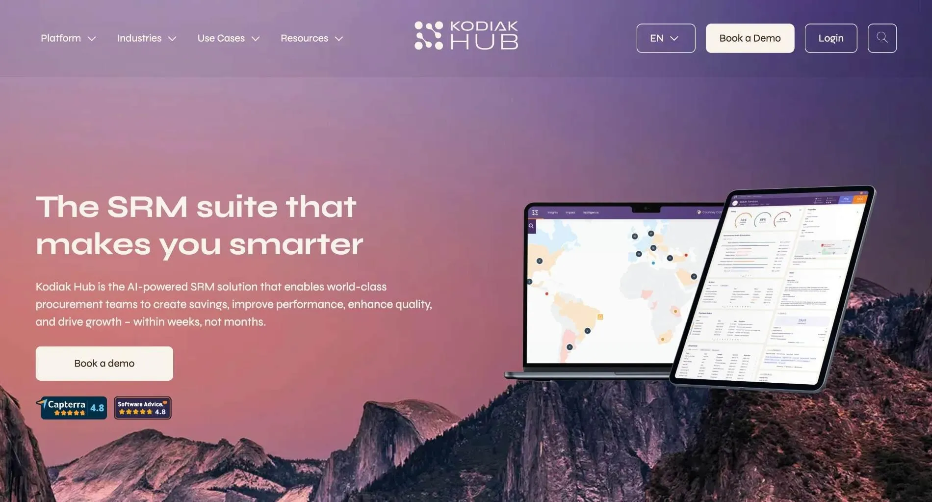 Kodiak Hub homepage with the headline "The SRM suite that makes you smarter" and a laptop and tablet showing supplier dashboards.