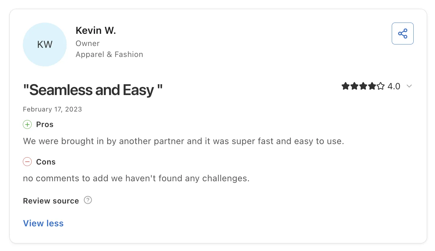 Customer review of Carro from Kevin W., an owner in Apparel & Fashion, rated 4.0 and titled "Seamless and Easy", saying it was super fast and easy to use.