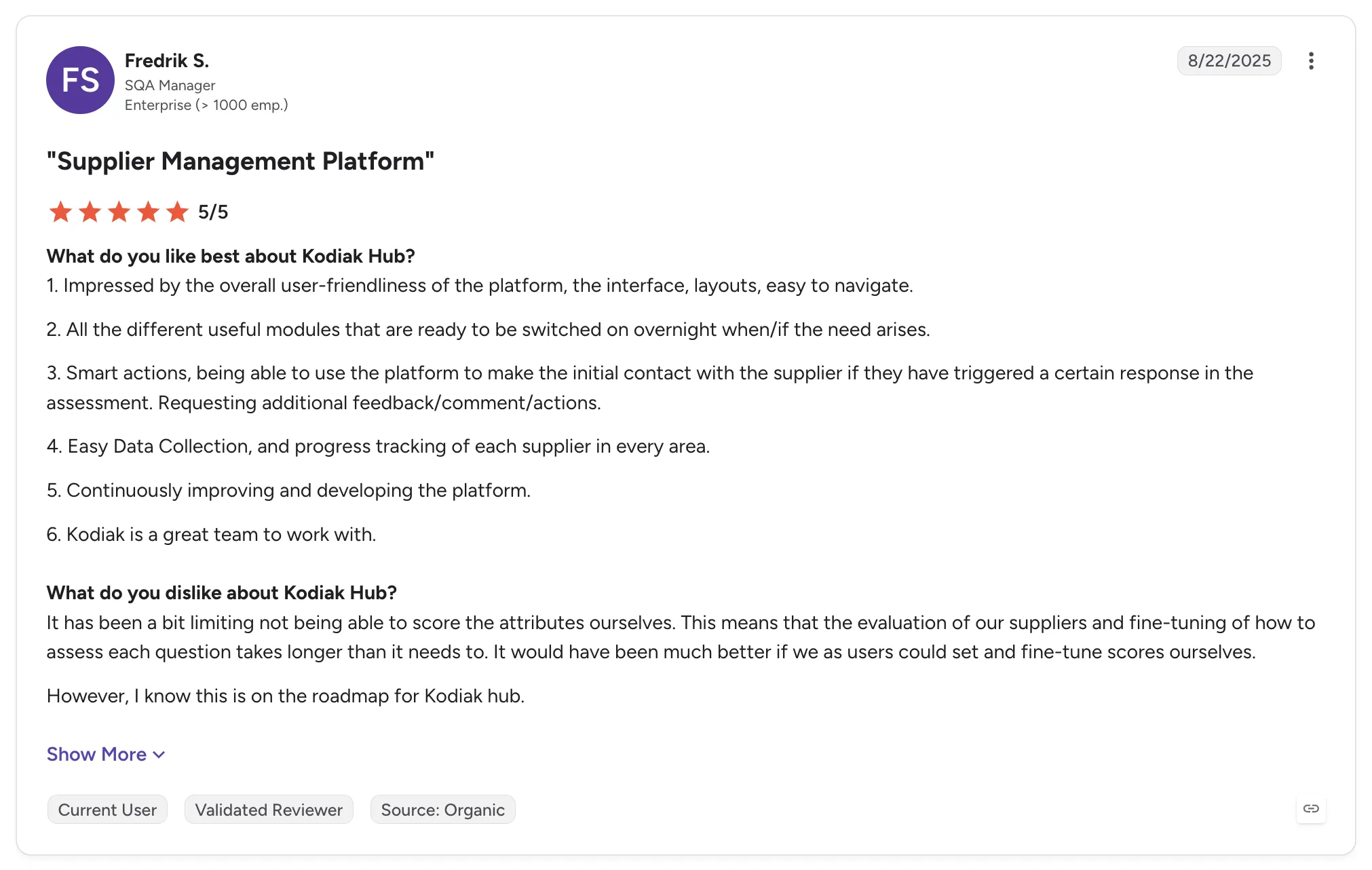 Customer review of Kodiak Hub from Fredrik S., an SQA manager, rated 5/5 and titled "Supplier Management Platform".