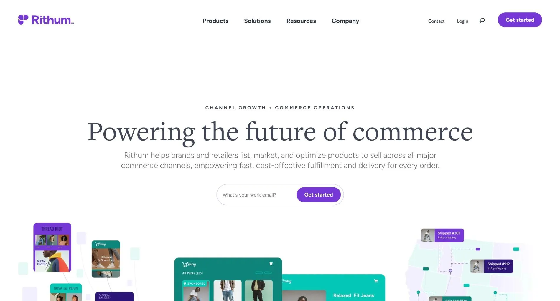 Rithum homepage with the headline "Powering the future of commerce" and a sign-up field for a work email.