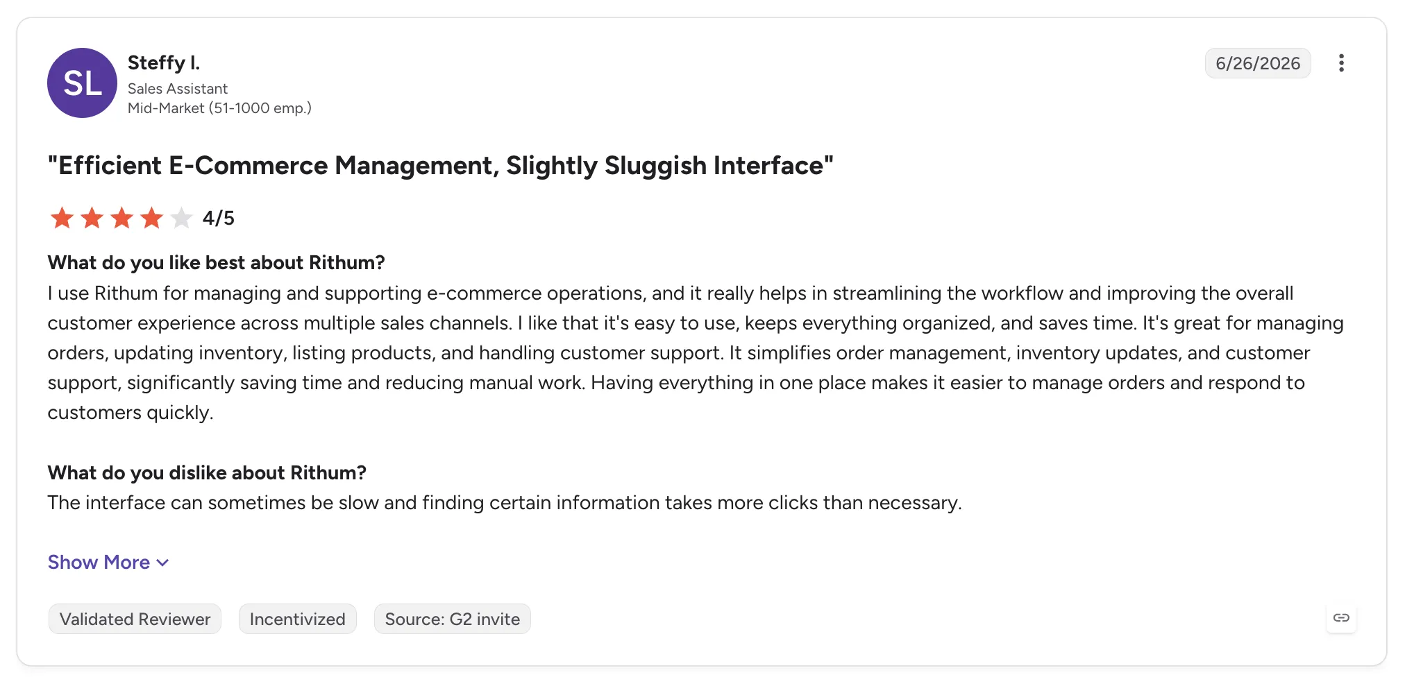 Customer review of Rithum from Steffy I., a sales assistant, rated 4/5 and titled "Efficient E-Commerce Management, Slightly Sluggish Interface".