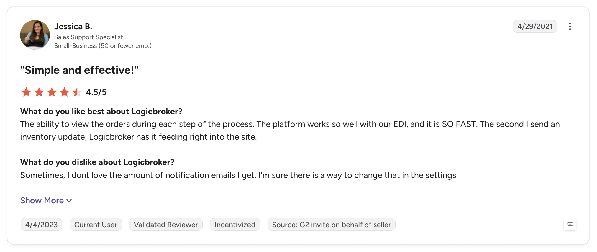 Customer review of Logicbroker from Jessica B., a sales support specialist, rated 4.5/5 and titled "Simple and effective!", praising how fast inventory updates reach the site.