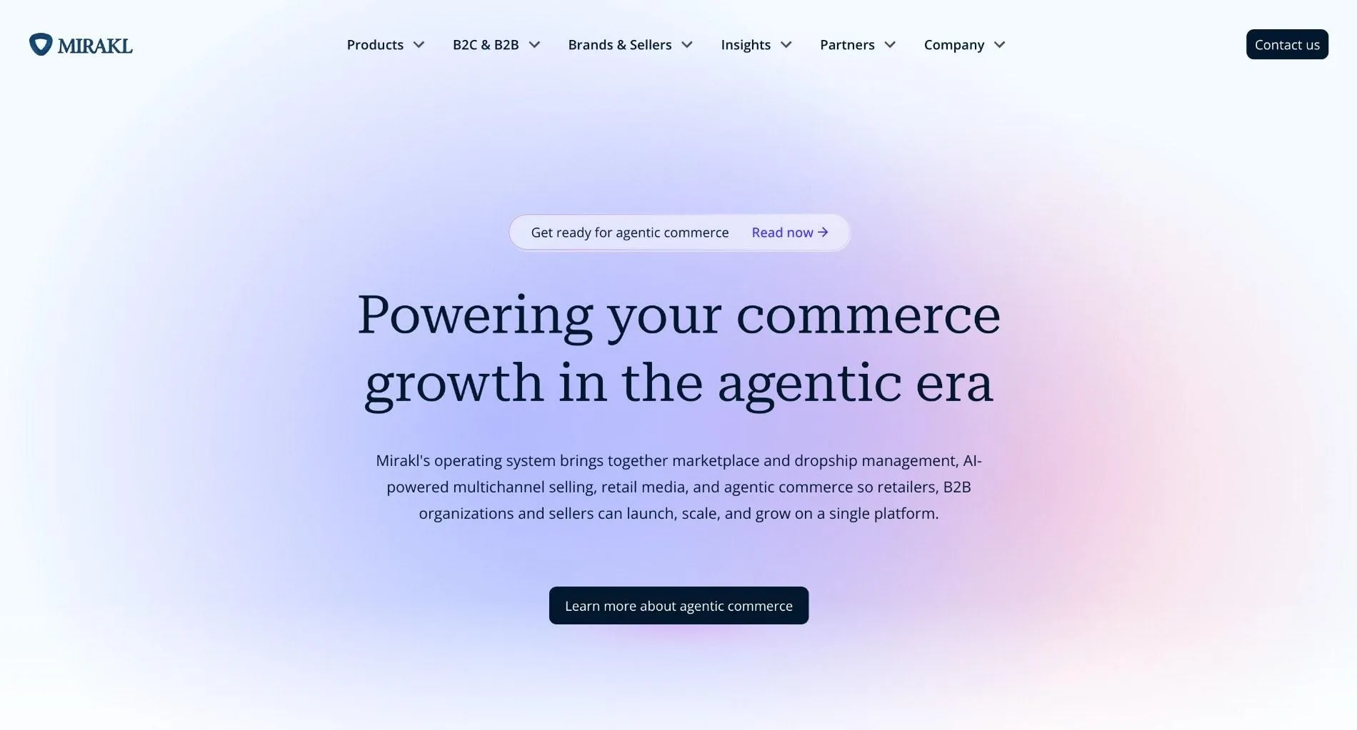 Mirakl homepage with the headline "Powering your commerce growth in the agentic era" and a link to learn more about agentic commerce.